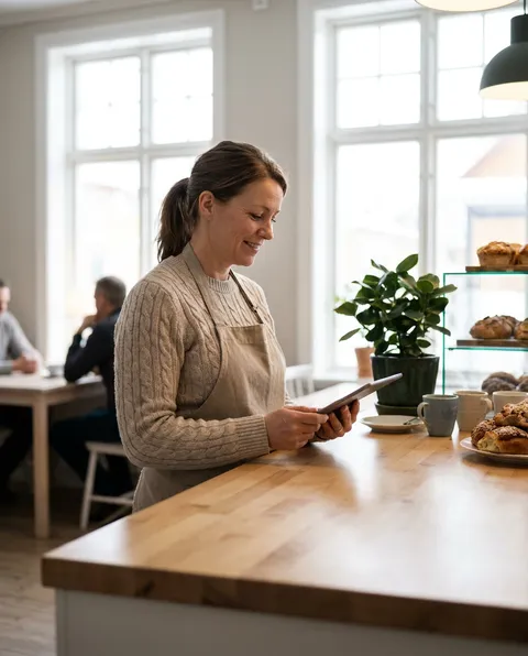 Företagare i sitt café i Piteå